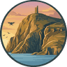 Lens of Mann logo: an illustrated clifftop tower above the sea at sunset, with a drone and seagulls in the sky.